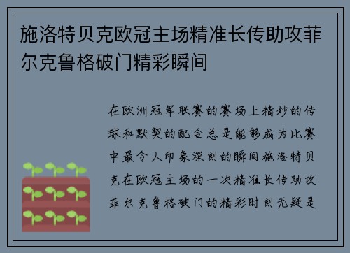 施洛特贝克欧冠主场精准长传助攻菲尔克鲁格破门精彩瞬间